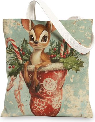 Generic Merry Christmas Candy Canes Canvas Tote Bag for Shopping 13x15, Vintage Retro Xmas Reusable Grocery Print Bag for Women Men, Holiday New Year Aestheti