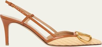 Valentino Garavani 80mm VLogo Signature Leather and Raffia Slingback Pumps