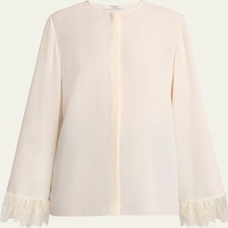 Chloé Button Down Crepe De Chine Top with Lace Sleeves