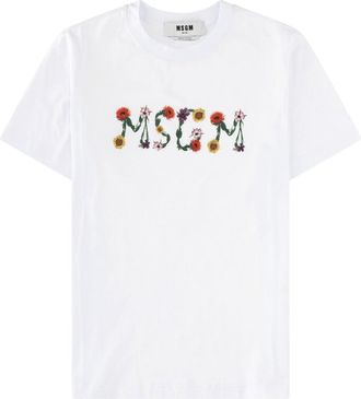 Msgm Neutrals Floral Logo Playful Embroidered Cotton T-Shirt