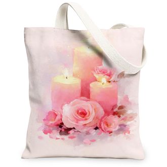 Generic Peach Floral Canvas Tote Bags, Elegant Rose Pattern Reusable Grocery Bags, Vintage Washable Shoulder Strap for Travel Beach, Peach, 13x15 Inch