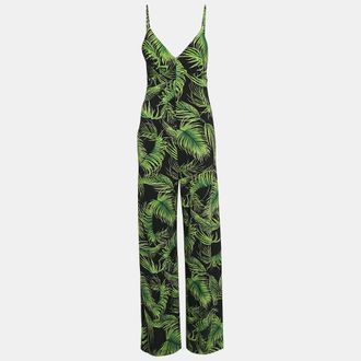 Norma Kamali Black/green Palm Leaf Print Jersey Slip Jumpsuit