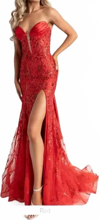 Rachel Allan Glitter Strapless Slit Prom Gown In Red