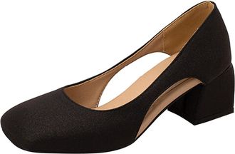 Generic Mumuj Women Court Shoes Block Heel Wide Fit Pumps Ladies Fashion Solid Color Leather Hollow Square Head Casual Thick High Heeled Shoes Work Office Com