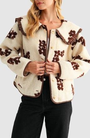 All in Favor Floral High Pile Fleece Jacket in Cream Brown Flower at Nordstrom Rack, Size Large