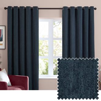 furn. Soft Chenille Blackout Eyelet Curtain Pair in Navy | Size: 229 cm width x 183 cm drop