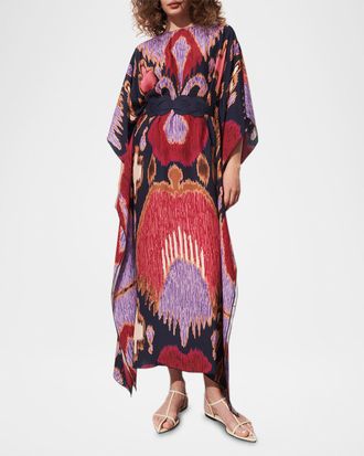 Figue Elizabeth Ikat-Print Belted Maxi Kaftan Dress