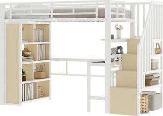 STILVORA Cama Alta 90 X 200 Cm Con Escritorio, Escalera De Almacenamiento Y Led, Sin Colch&oacute;n, De Metal, Blanco