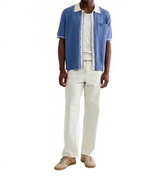 Wax London Belle Knitted Polo Shirt In Blue Tipped Pointelle