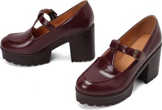 Generic Womens Mary Jane Platform Pumps with Chunky Heel T-Strap Metal Buckle Round Toe Stitched Upper Thick Sole Balanced and Polished Design,Red,6.5 UK