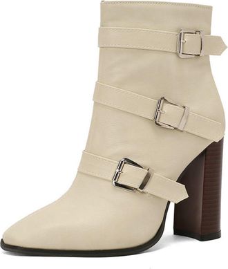 Generic Womens Square-Toe Buckle Detail Ankle Boots Chunky Heel Faux Leather Side Zip Booties,Beige,7.5 UK