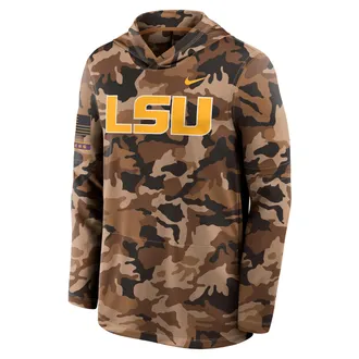Nike LSU 2026 Military Appreciation Nike Mens Dri-FIT College Long-Sleeve Hooded Top in Brown | 03B92EALSN-954