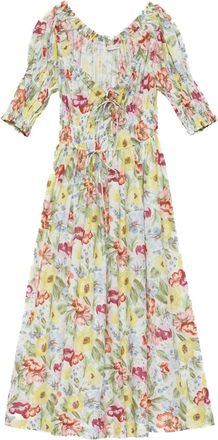 D&ocirc;en Ischia shirred floral-print midi dress - women - Cotton - S - Neutrals