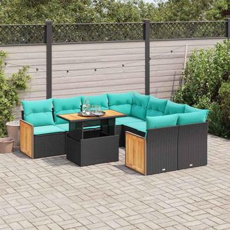 vidaXL Vidaxl Set Sof&aacute;s Jard&iacute;n Y Cojines 9 Pzas Rat&aacute;n Sint&eacute;tico Acacia Negro