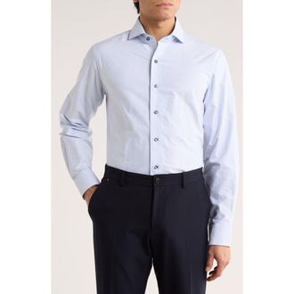 Lorenzo Uomo Trim Fit Textured Vertical Stripe Cotton Dress Shirt in Navy/White at Nordstrom Rack, Size 14.532
