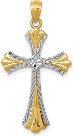 Diamond2Deal 14k Yellow Gold Diamond-Cut Rhodium Budded Cross Pendant