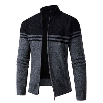 Generic Mens Zip Up Knitted Cardigan Open Front Long Sleeve Full Zip Stand Collar Warm Jumper Knitted Open Edge Thicker Cardigan Autumn Winter Thick Sweater O