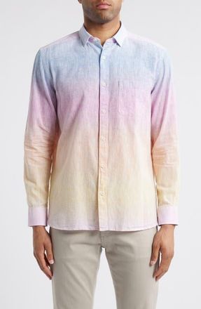 Johnston & Murphy Ombré Linen & Cotton Button-Up Shirt in Blue/pink at Nordstrom, Size Xx-Large