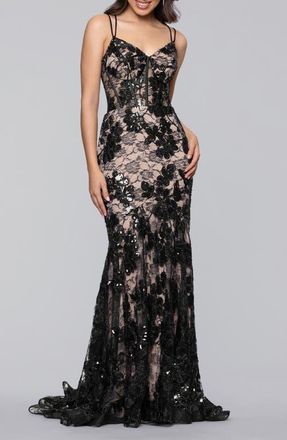 Blondie Nites Sequin Strappy Lace Trumpet Gown in Black/Nude at Nordstrom, Size 11