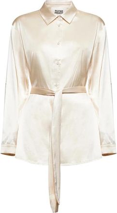 Silvian Heach Satijnen overhemd met knoop aan de voorkant - Dames - Blouses - Beige - XS - Satijn - Overhemden