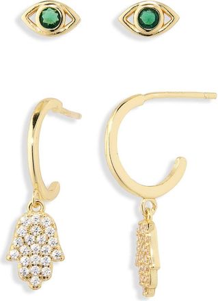 Argento Vivo Evil Eye Stud & Hamsa Drop Earrings Set in Gold/Green at Nordstrom Rack