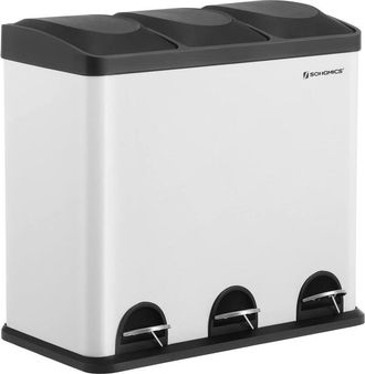 Songmics Pattumiera di 54L, Cestino di Spazzatura, a 3 Sezioni, con Pedale, Secchio Interni, 6 Etichetti per Smailtimento Facile, Bianco e Nero LTB54W
