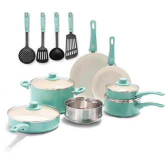 None GreenLife Soft Grip Batteria di Pentole 15 Pezzi, Rivestimento Antiaderente Senza PFAS,Padella 20/26cm,Casseruola 22cm con Coperchi, Pentola 16/18cm