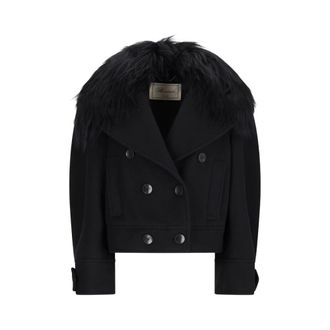 Blumarine Cappotto Doppiopetto con Collo in Ecopelliccia - - Coats - Donna - Nero - S