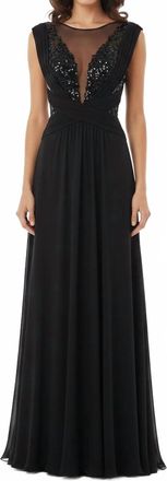 Clips Sheer Illusion V-Neckline Evening Dress In Black