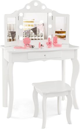Costway Set Toeletta Per Bambini Con Sgabello E Cassetti, Toeletta Per Bambini In Legno, Con Luce Regolabile, 60 X 35 X 96 Cm (bianco) - Costway