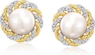 Ross-Simons 7-7.5mm Cultured Pearl and. Diamond Earrings in 18kt Gold Over Sterling