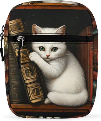 Generic Cat on Books Trendy Crossbody Bag for Men Women Small Satchel Men Sling Adjustable Shoulder Strap Messenger