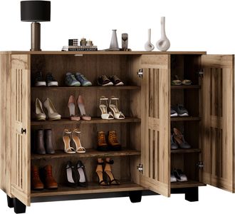 STILVORA Aparador Con 3 Puertas Caladas, 8 Compartimentos Y Encimera, Estilo Natural, En Tablero De Part&iacute;culas, 120&times;32&times;92 Cm
