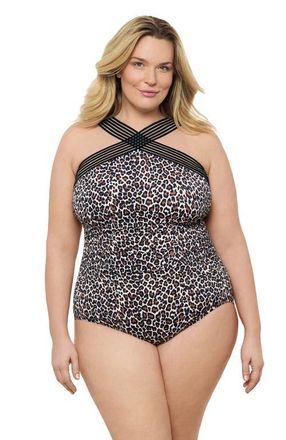 Aqua Green Plus Size Novelty Trim High Criss Cross Neck Full Coverage One-Piece Swimsuit in Seeing Spots at Nordstrom, Size 1X