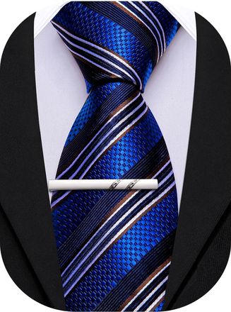 Barry.Wang Silk Men Ties Formal Stripes Necktie and Tie Clip for Wedding Party Business Fashion Classic, Black and Royal Blue, One Size