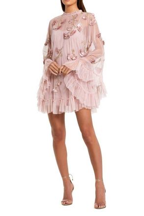 Mac Duggal Embellished Long Sleeve Trapeze Dress with Ruffle Hem in Porcelain Gold at Nordstrom, Size 14