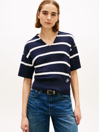Tommy Hilfiger Strickpullover TOMMY HILFIGER CO FULL NEEDLE POLO SS SWT, Damen, Gr. XL (46), big stp schwarz night, ivory petal, Strick, Obermaterial: 100% Baumwolle