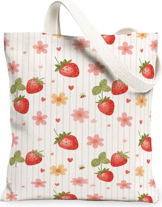 Generic Floral Strawberry Canvas Tote Bags, Lightweight Reusable Grocery Bags, Vintage Chic Washable Shoulder Strap Canvas for Shop, White, 13x15 Inch