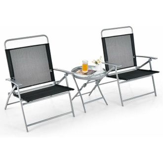 Costway Set Tavolo e Sedie da Giardino Pieghevoli, Set Mobili da Esterno 3 Pezzi con Sedia in Textilene e Tavolino Rotondo in Vetro Temperato