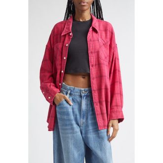 R13 Plaid Oversize Drop Neck Cotton Flannel Button-Up Shirt in Deep Pink Plaid at Nordstrom, Size X-Small