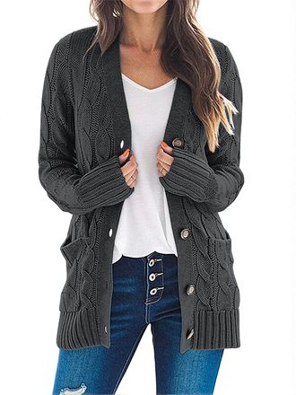 Merokeety Womens Long Sleeve Cable Knit Sweater Open Front Cardigan Button Loose Outerwear, Dark Grey, Medium