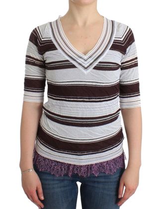 Ermanno Scervino Striped Lace V-Neck Short Sleeve Top Womens Sweater