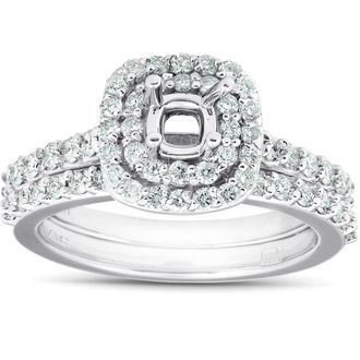 Pompeii3 3/4Ct Double Cushion Halo Diamond Engagement Ring Setting Mount 14k White Gold