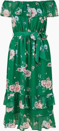 Yumi Womens Floral Off-The-Shoulder Midi A-Line Dress - Green - Size: 10