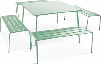 Oviala Mesa de jard&iacute;n cuadrada y 4 bancos de metal verde salvia