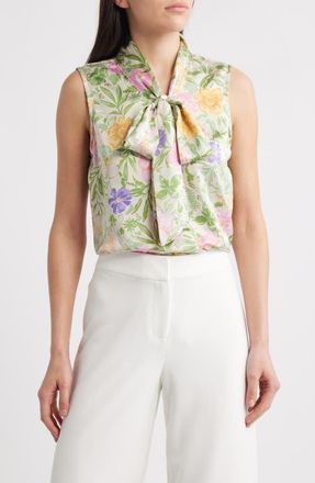 Tahari by ASL Floral Bow Neck Sleeveless Charmeuse Top in Floral Multi at Nordstrom, Size X-Large