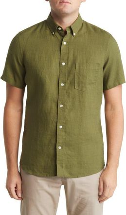 Nordstrom Trim Fit Short Sleeve Linen Button-Down Shirt in Green Cypress at Nordstrom, Size Large