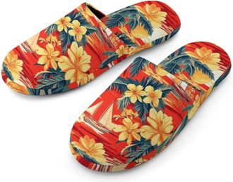 Generic Sailboat Tropical Plants Flowers Sunset Warm Mens Slippers Slip On Soft Fleece House Shoes Winter Indoor Outdoor