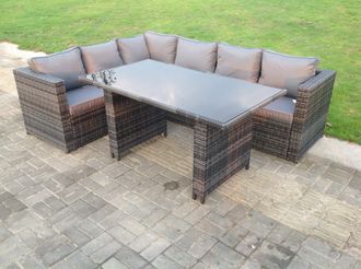 Fimous Lounge Rattan Corner Sofa Set Outdoor Garden Furniture Rectangular Dining Table Chair Set in Dark Grey