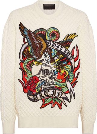 Philipp Plein Tattoo graphic-print jumper - men - Wool/Acrylic/Polyester - M - White